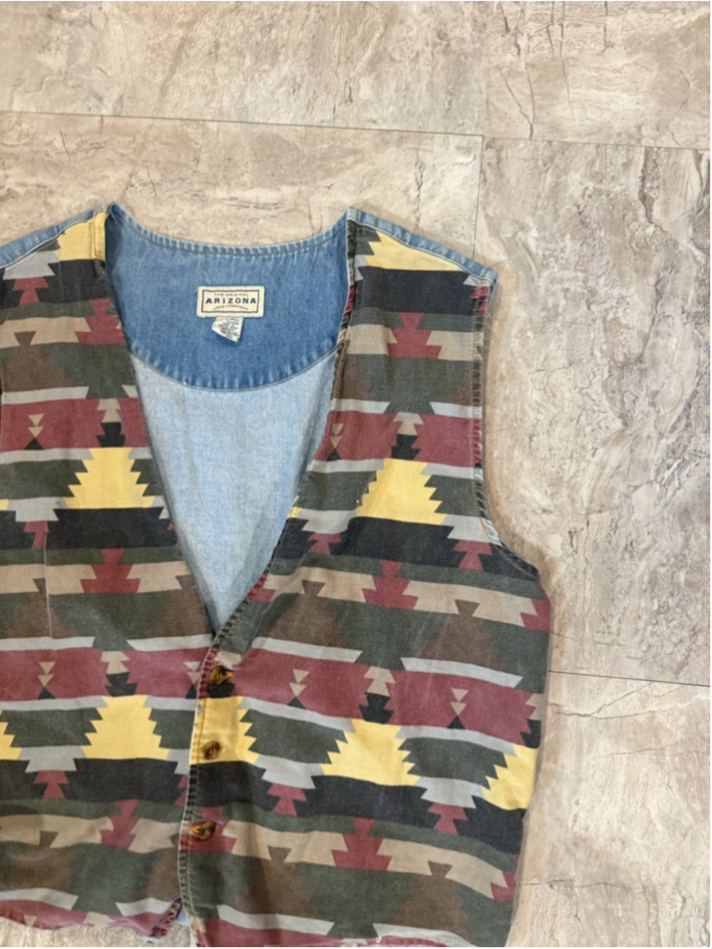 VTG Arizona Jean Company Aztec Western Multicolor Cotton Denim Vest Sz L